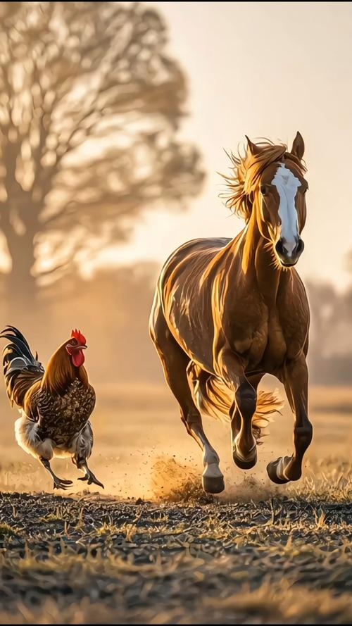 朝阳似火，马与鸡的活力象征插图