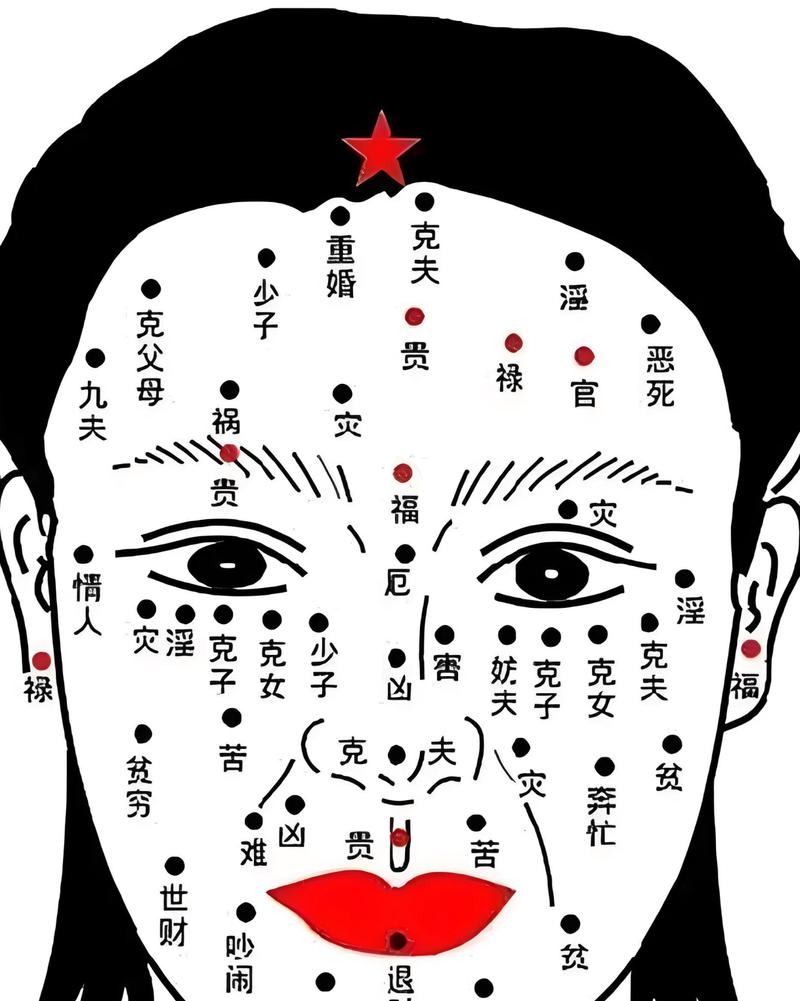 面相图解，颧骨痣、下巴角长痣等插图