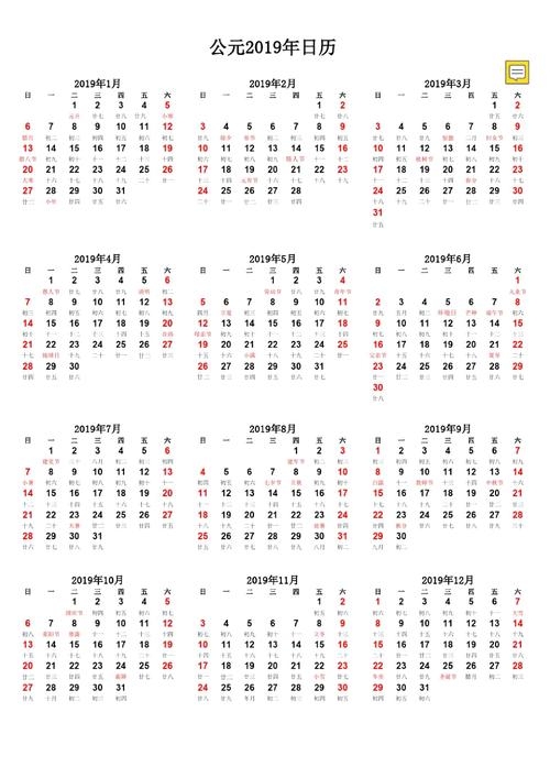2019年重要日历表及农历对照插图