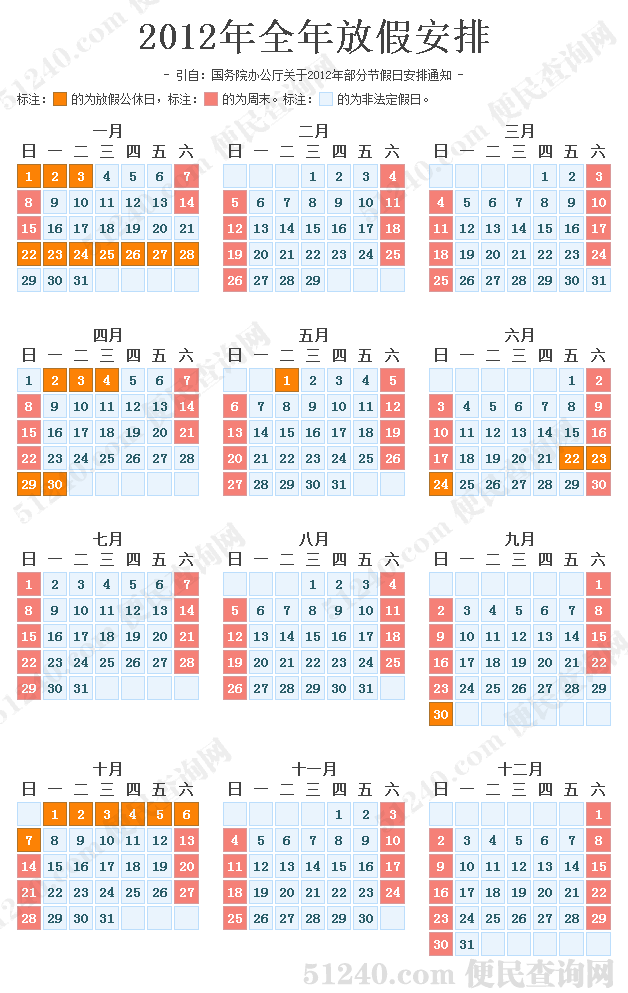 2012年农历新年及节假日日历安排插图 2012年农历新年及节假日日历安排插图