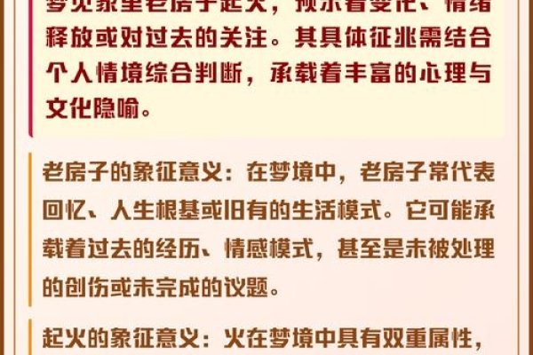 梦见家中起火含义多样，中老年人与企业家梦涉及个人心态调整。-方知甜